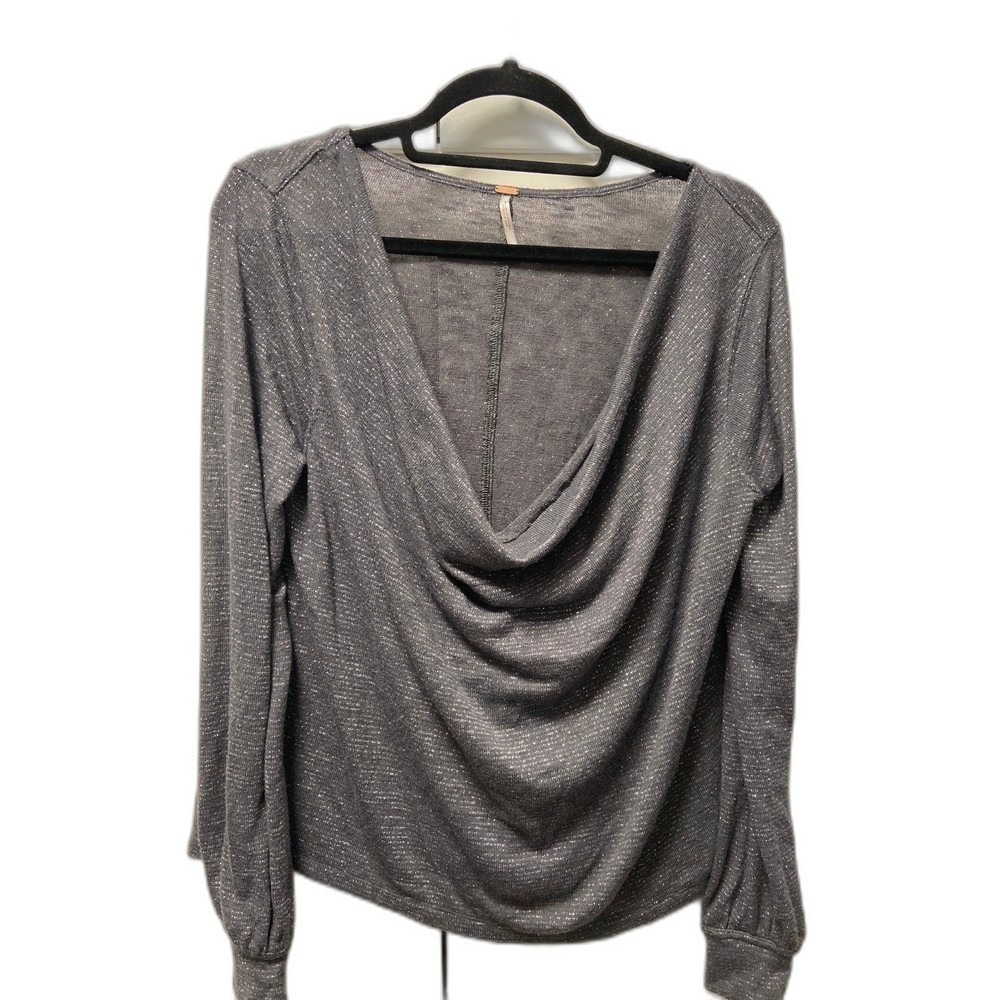 Free People Charcoal Grey Metallic Shimmer Cowl Neck Long Sleeve Top XS Oversize